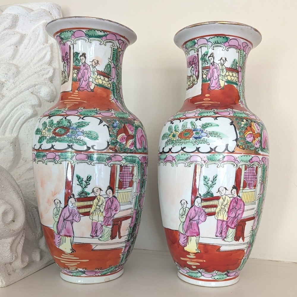 Vintage Chinese Rose Medallion Porcelain Vases Pair Hand Painted Gold Gilt 10in